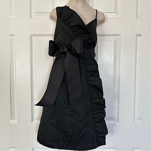 MILLY Dress Black Ruffle Jacquard Textured Bow Belt Size 0 - Picture 4 of 12